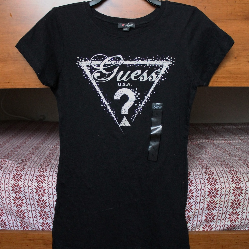 GUESS Jet Black/Silver Logo Shirt Size M NWT